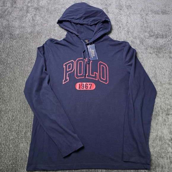 Polo Ralph Lauren Other - NWT Polo Ralph Lauren Hooded T Shirt Mens Medium Navy Blue Red Spellout Hoodie M